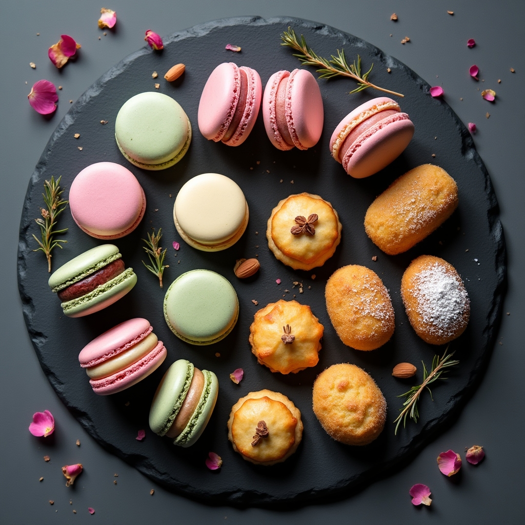 Assortiment de macarons colorés, financiers dorés et sablés sur un plateau en ardoise