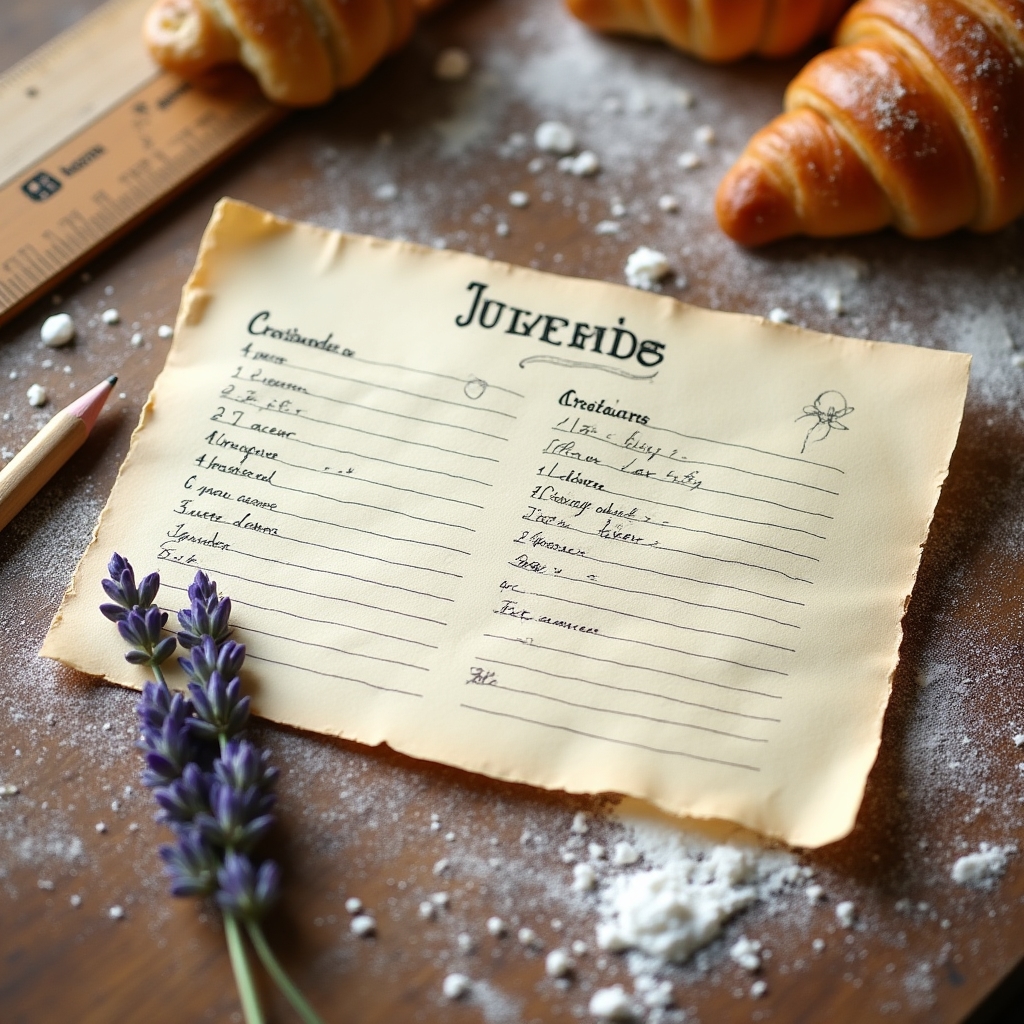 Fiche recette manuscrite avec annotations et schémas de technique pâtissière sur fond crème