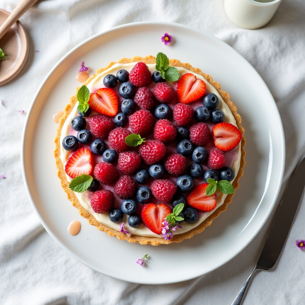 Tarte aux fruits rouges de saison avec crème pâtissière sur fond de table en bois clair
