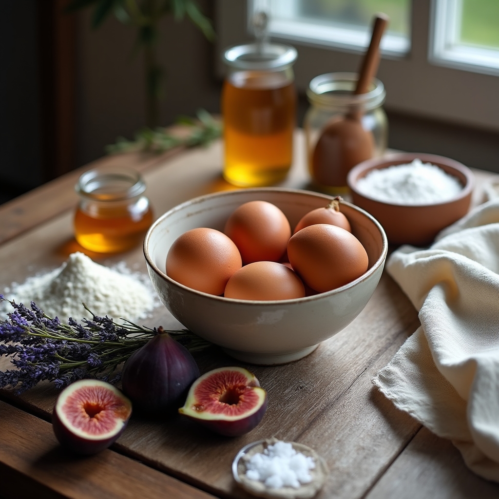 Ingrédients frais de pâtisserie disposés sur une table en bois : œufs, farine, beurre, fruits