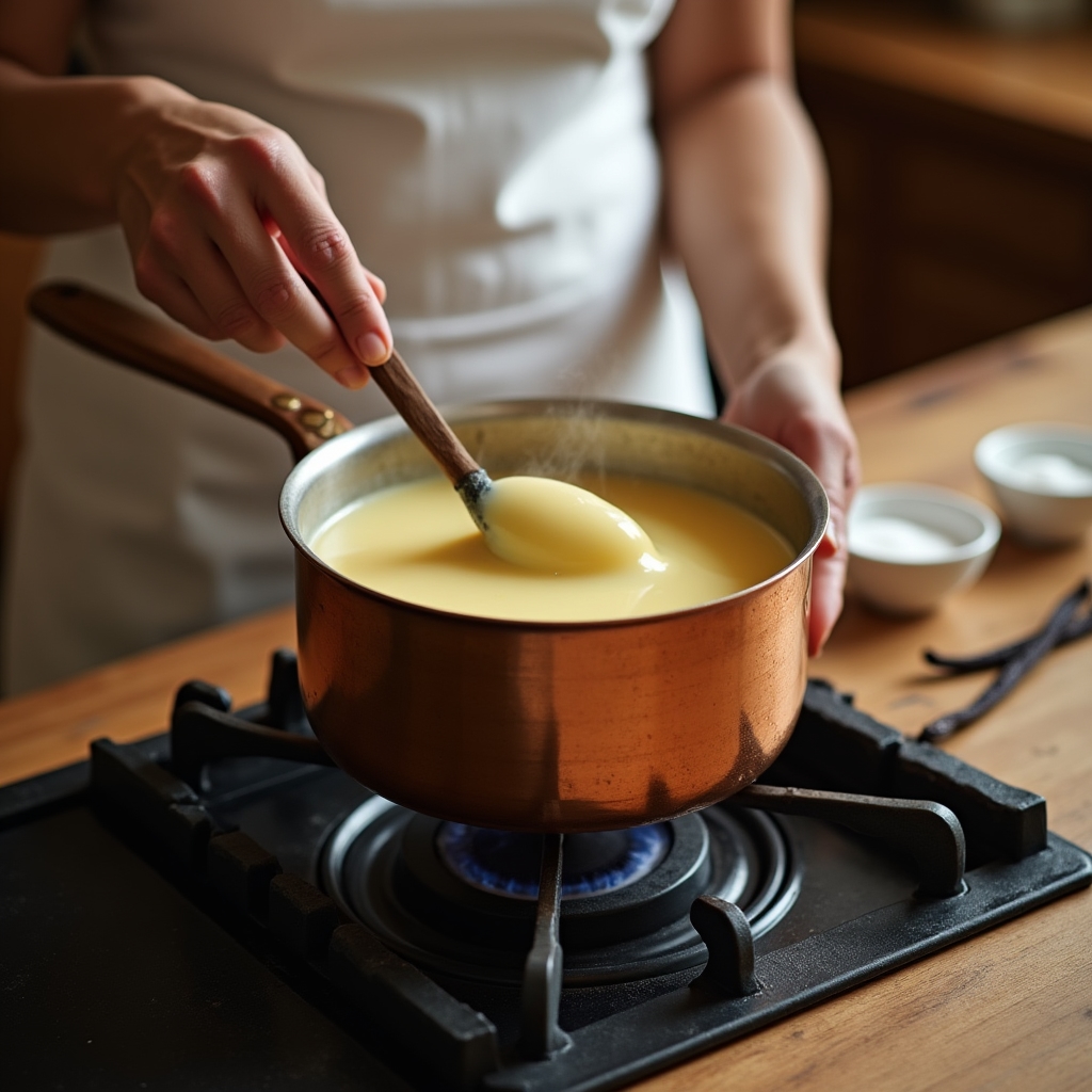 Crème pâtissière en cours de préparation dans une casserole en cuivre avec fouet, lumière chaude de cuisine