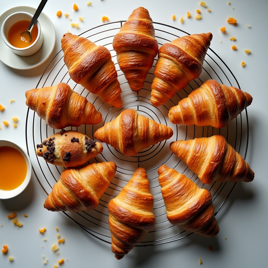 Croissants dorés et pains au chocolat fraîchement sortis du four sur une grille de refroidissement